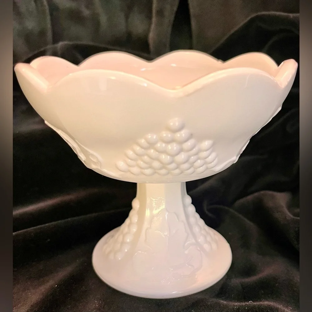 Indiana Glass Colony Harvest White Milk Glass Pedestal Candle Holder Grape VTG